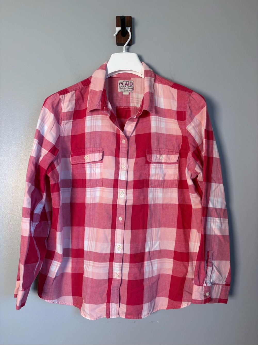 Old Navy Red Pink Plaid Button Down Shirt Womens XL Long Sleeve Flannel Cotton